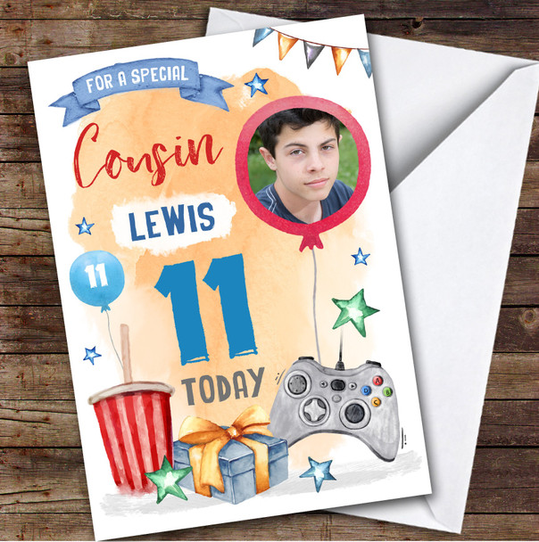 Boy's Gaming Online Video Gamer Photo Cousin 11th Birthday Personalised Card