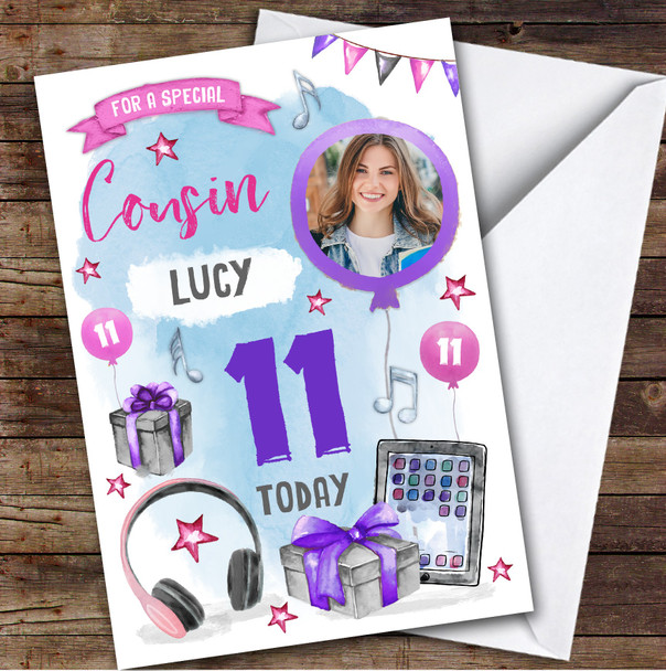 Boy's Music Headphones Online Photo Cousin 11th Birthday Personalised Card