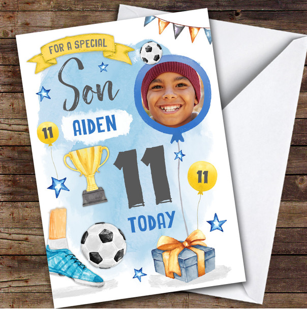 Boy's Football Sport Photo Son 11th Birthday Personalised Birthday Card