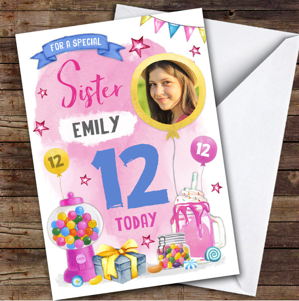 Girl's Sweets Candy Food Milkshake Photo Sister 12th Birthday Personalised Card