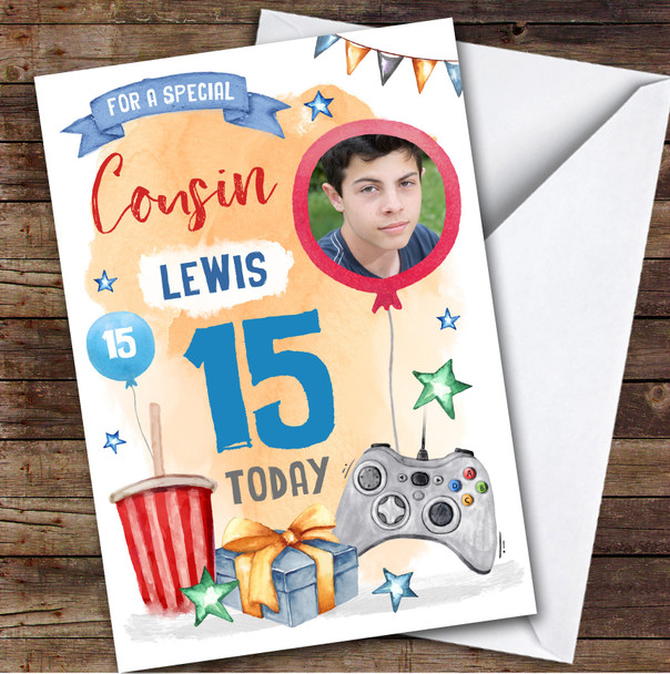 Boy's Gaming Online Video Gamer Photo Cousin 15th Birthday Personalised Card