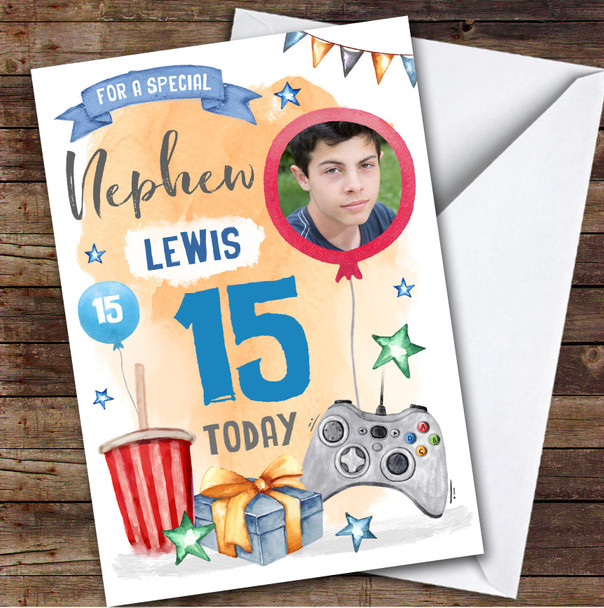 Boy's Gaming Online Video Gamer Photo Nephew 15th Birthday Personalised Card