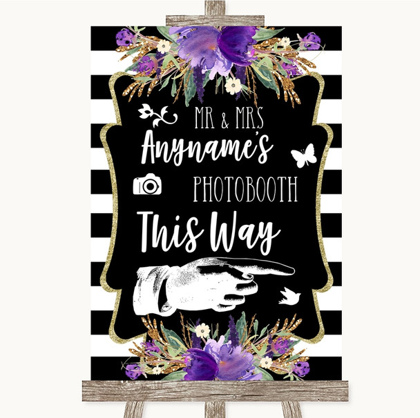 Black & White Stripes Purple Photobooth This Way Right Personalised Wedding Sign