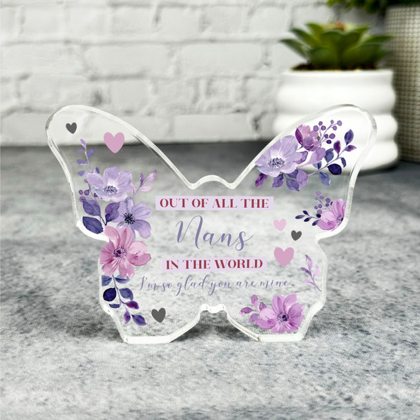 Glad You Are My Nan Purple Flowers Butterfly Plaque Keepsake Gift
