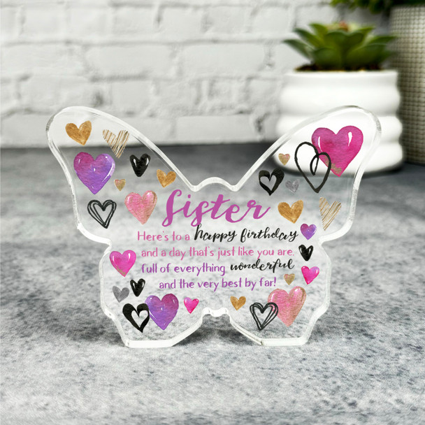 Sister Birthday Present Pink Heart Butterfly Plaque Keepsake Gift