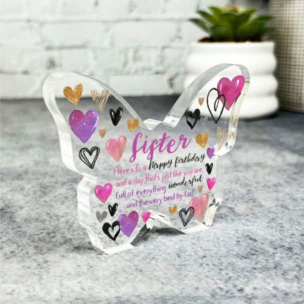 Sister Birthday Present Pink Heart Butterfly Plaque Keepsake Gift
