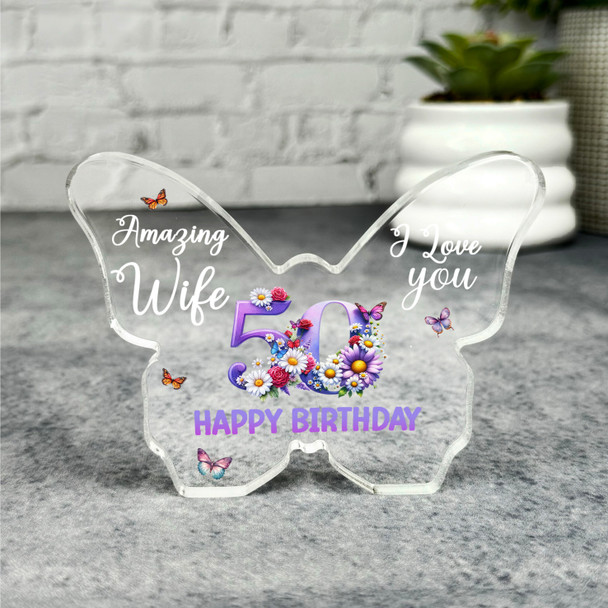 Wife 50th Happy Birthday Present Floral Butterfly Plaque Keepsake Gift