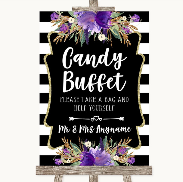 Black & White Stripes Purple Candy Buffet Personalised Wedding Sign