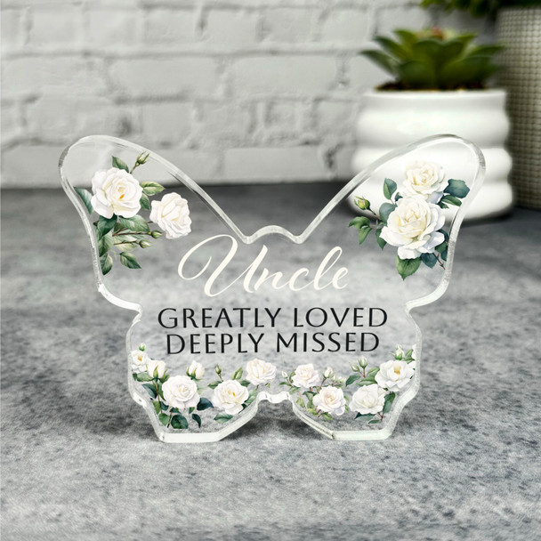 Uncle White Roses Memorial Butterfly Plaque Sympathy Gift Keepsake Gift