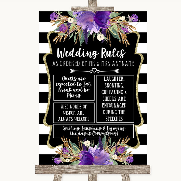 Black & White Stripes Purple Rules Of The Wedding Personalised Wedding Sign