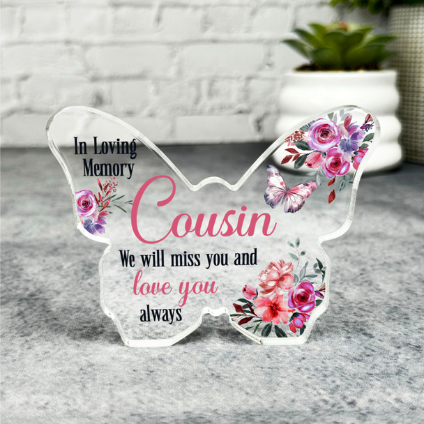 Cousin Pink Floral Memorial Butterfly Plaque Sympathy Gift Keepsake Gift