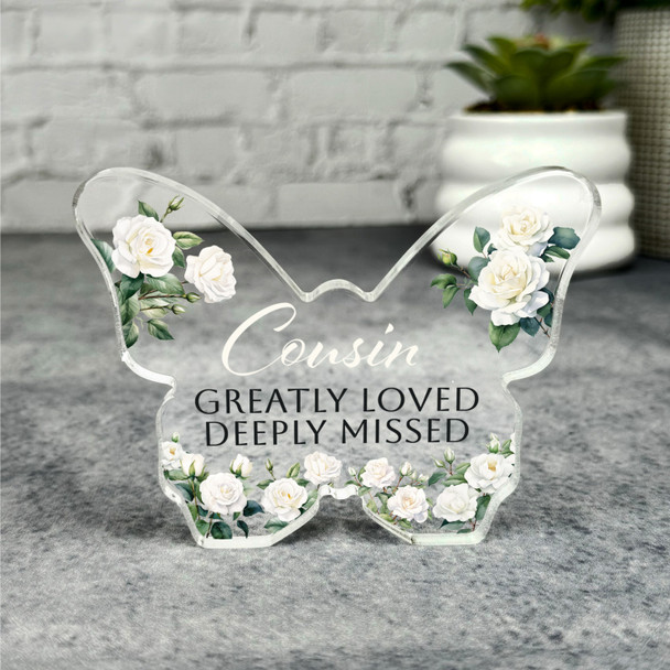 Cousin White Roses Memorial Butterfly Plaque Sympathy Gift Keepsake Gift