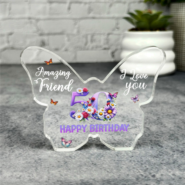 Friend 50th Happy Birthday Present Floral Butterfly Plaque Keepsake Gift