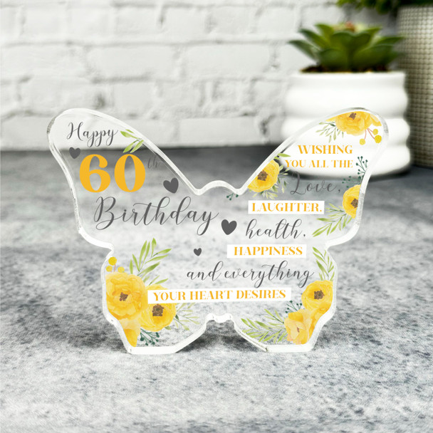 60th Birthday Present Female Yellow Flower Butterfly Plaque Keepsake Gift