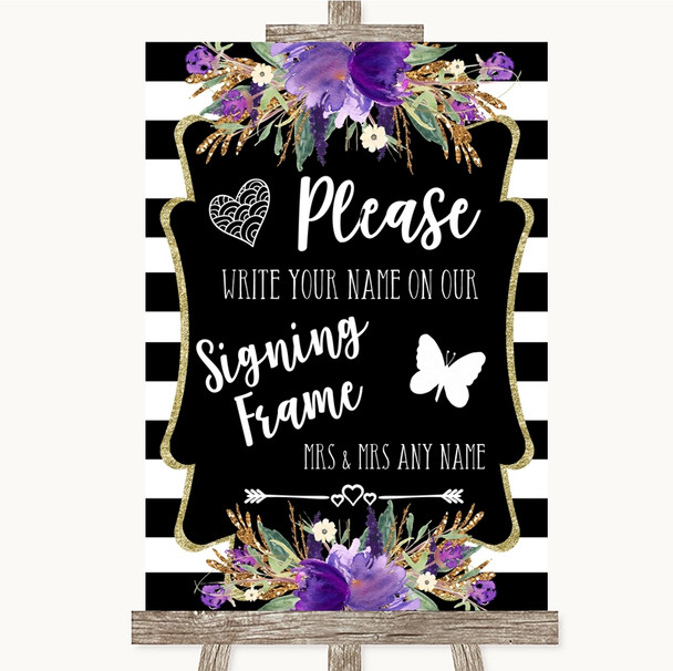 Black & White Stripes Purple Signing Frame Guestbook Personalised Wedding Sign