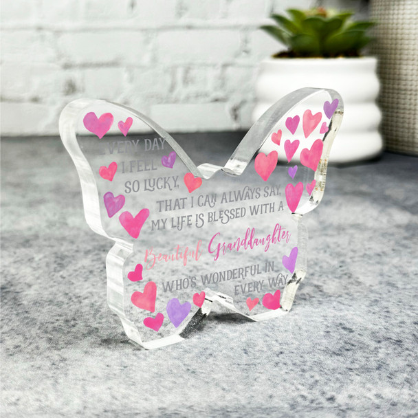 Gift For Beautiful Granddaughter Pink Heart Butterfly Plaque Keepsake Gift