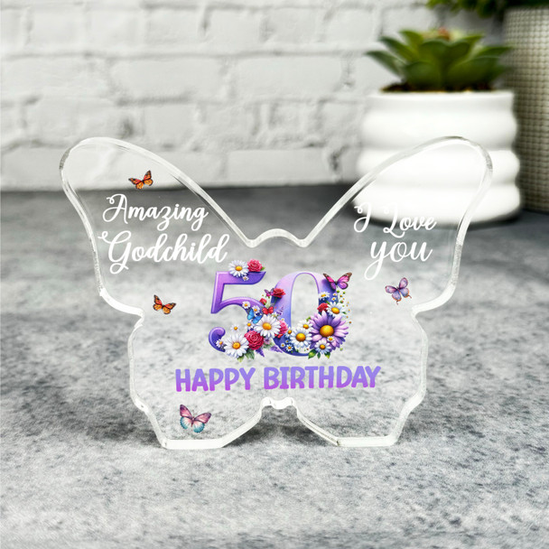 Godchild 50th Happy Birthday Present Floral Butterfly Plaque Keepsake Gift