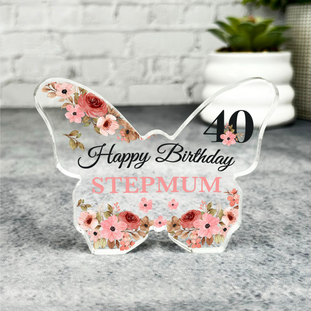 Stepmum 40th Watercolour Floral Birthday Present Butterfly Plaque Keepsake Gift