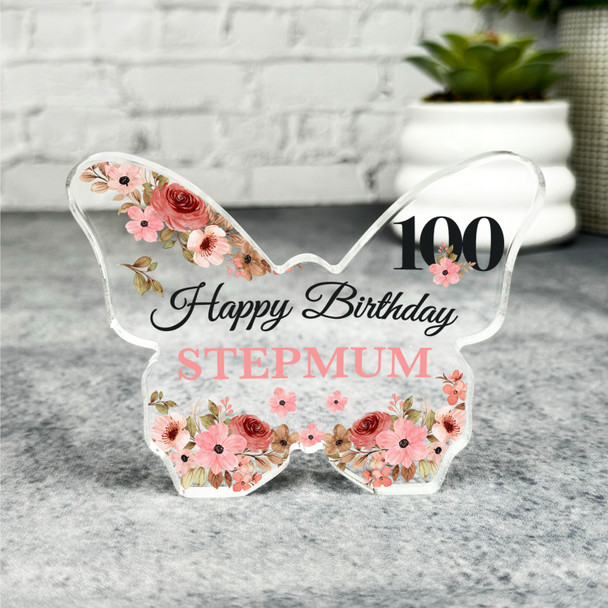 Stepmum 100th Watercolour Floral Birthday Present Butterfly Plaque Keepsake Gift