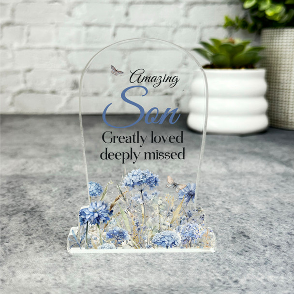 Son Blue Floral Gravestone Plaque Sympathy Gift Keepsake Memorial Gift