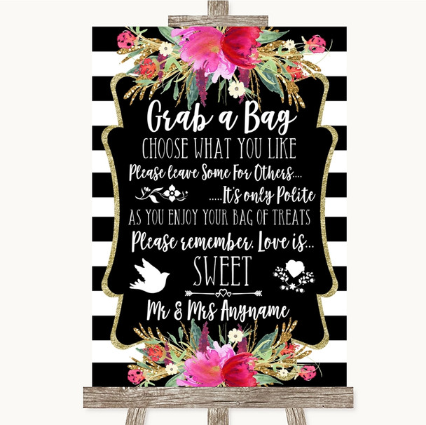 Black & White Stripes Pink Grab A Bag Candy Buffet Cart Sweets Wedding Sign