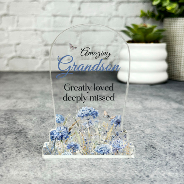 Grandson Blue Floral Gravestone Plaque Sympathy Gift Keepsake Memorial Gift