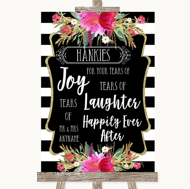 Black & White Stripes Pink Hankies And Tissues Personalised Wedding Sign