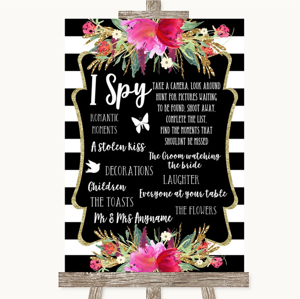Black & White Stripes Pink I Spy Disposable Camera Personalised Wedding Sign