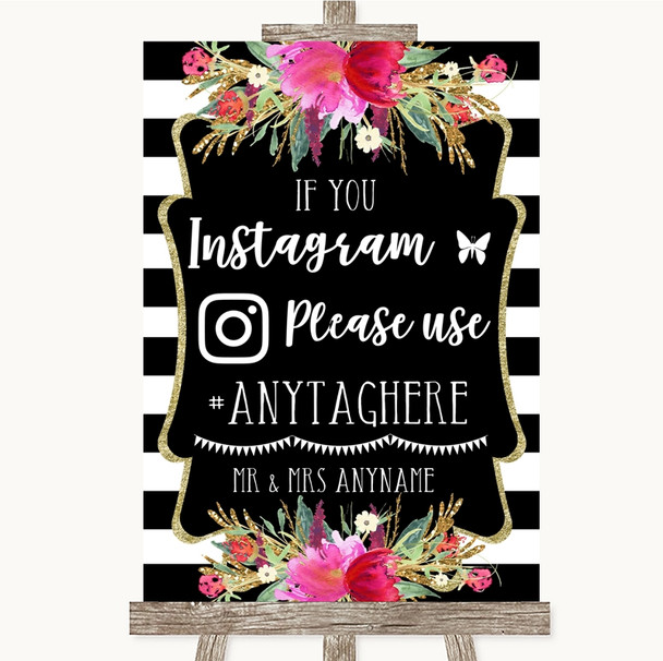 Black & White Stripes Pink Instagram Hashtag Personalised Wedding Sign
