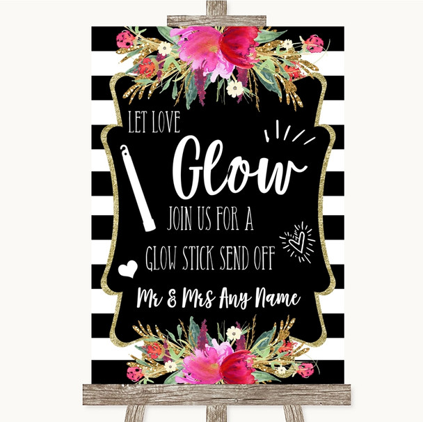 Black & White Stripes Pink Let Love Glow Glowstick Personalised Wedding Sign