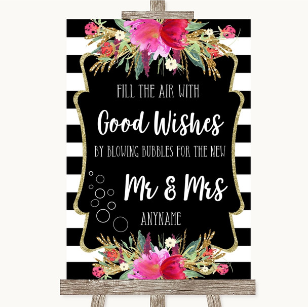 Black and White Stripes Pink Blow Bubbles Personalised Wedding Sign