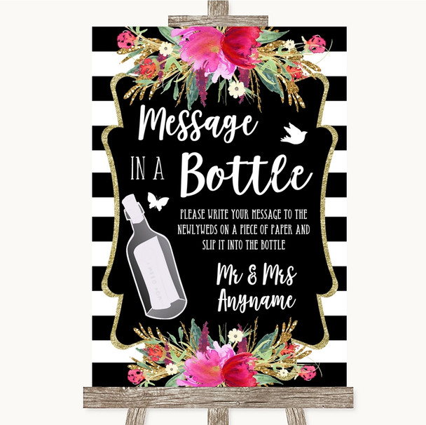 Black & White Stripes Pink Message In A Bottle Personalised Wedding Sign