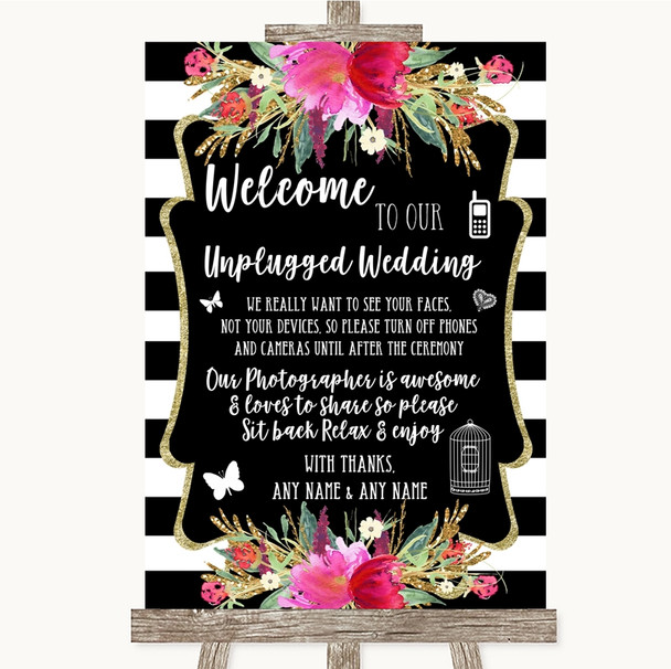 Black & White Stripes Pink No Phone Camera Unplugged Personalised Wedding Sign