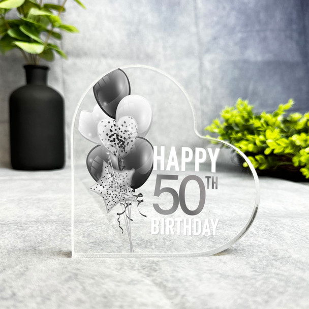 Monochrome Happy 50th Birthday Present Heart Plaque Keepsake Gift