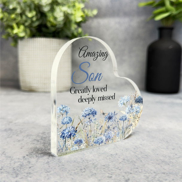 Son Blue Floral Memorial Heart Plaque Sympathy Gift Keepsake Gift