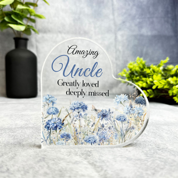 Uncle Blue Floral Memorial Heart Plaque Sympathy Gift Keepsake Gift