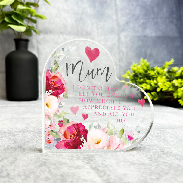 Gift For Mum Appreciation Red Pink Flowers Heart Plaque Keepsake Gift