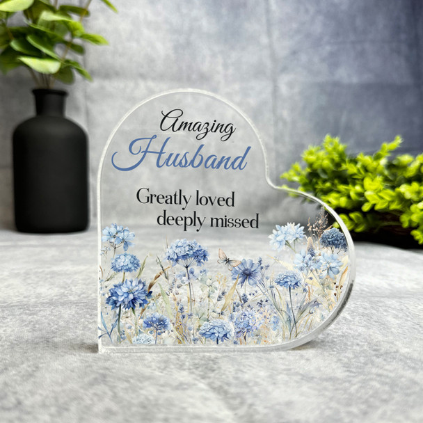 Husband Blue Floral Memorial Heart Plaque Sympathy Gift Keepsake Gift