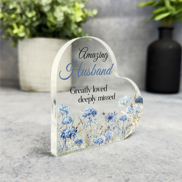 Husband Blue Floral Memorial Heart Plaque Sympathy Gift Keepsake Gift