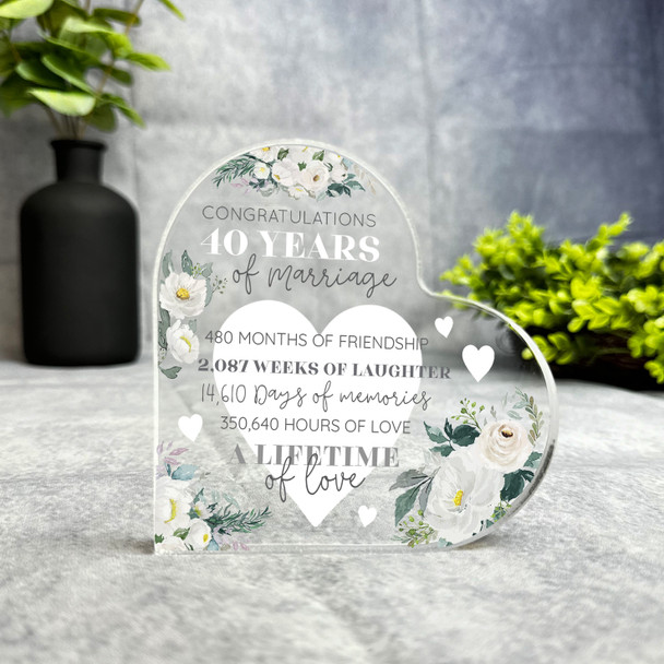 40 Years 40th Wedding Anniversary White Flower Heart Plaque Keepsake Gift