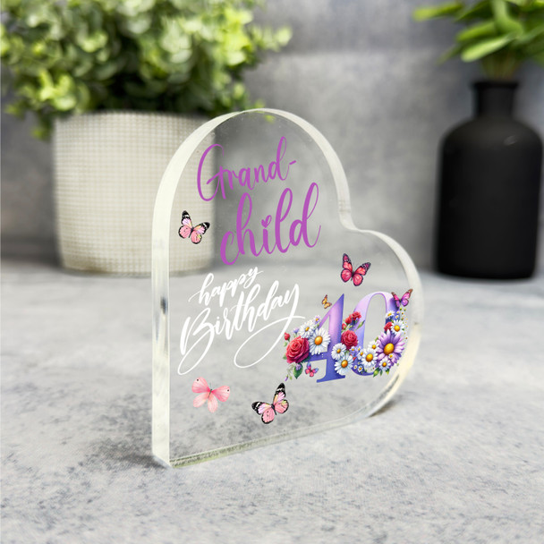 Grandchild 40th Birthday Present Purple Floral Heart Plaque Keepsake Gift