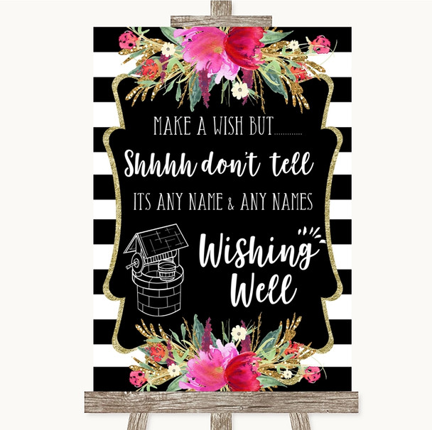 Black & White Stripes Pink Wishing Well Message Personalised Wedding Sign