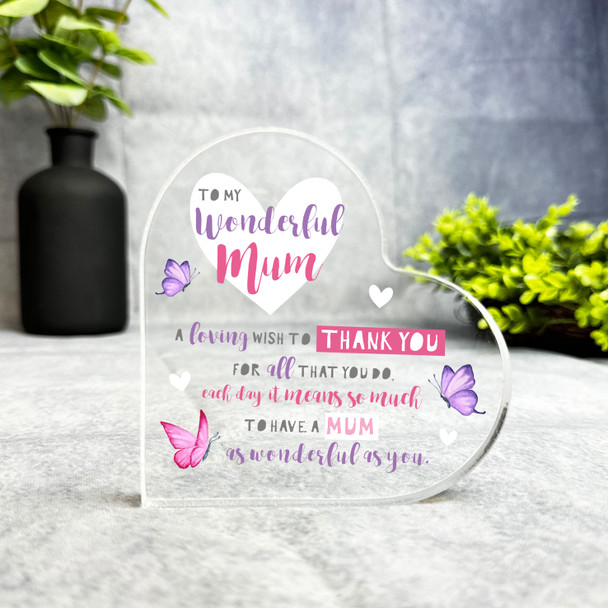 Gift For Wonderful Mum Thank You Poem Butterfly Heart Plaque Keepsake Gift