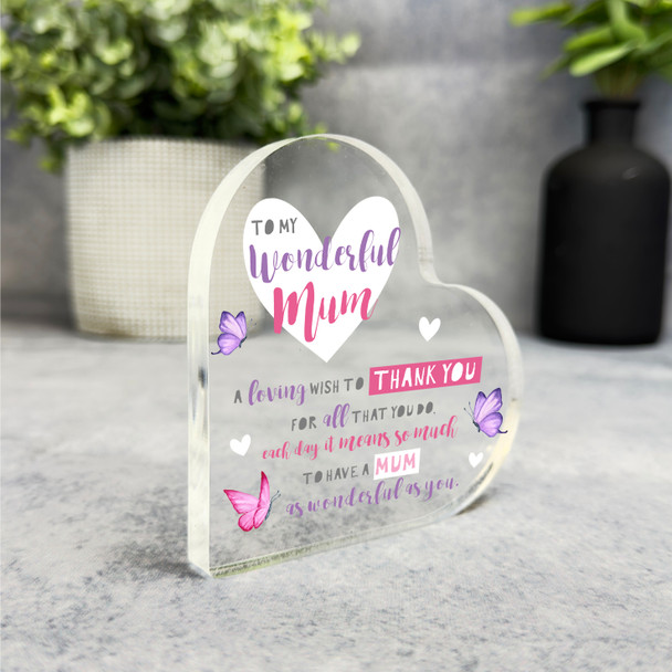 Gift For Wonderful Mum Thank You Poem Butterfly Heart Plaque Keepsake Gift