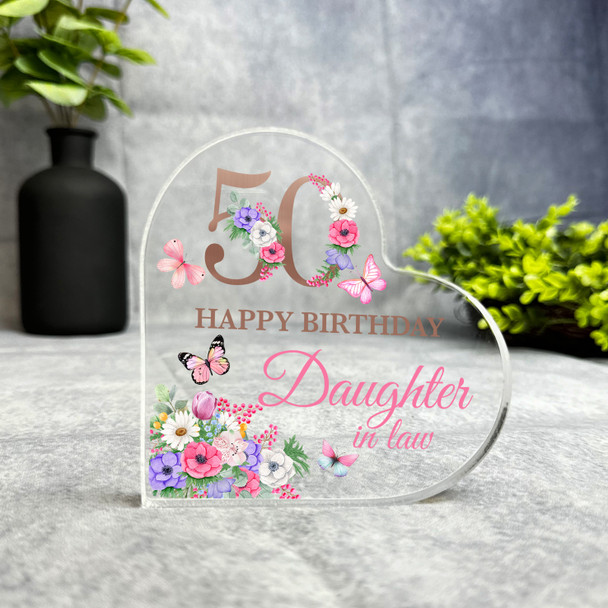 Daughter-In-Law 50th Pink Purple Birthday Present Heart Plaque Keepsake Gift