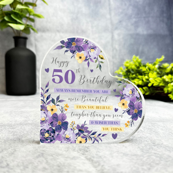 50th Birthday Present Female Purple Yellow Flowers Heart Plaque Keepsake Gift