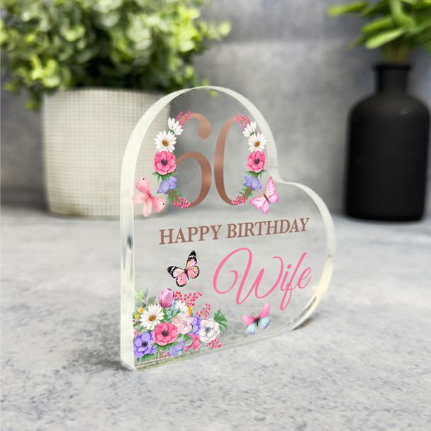 Wife 60th Pink Purple Floral Happy Birthday Present Heart Plaque Keepsake Gift