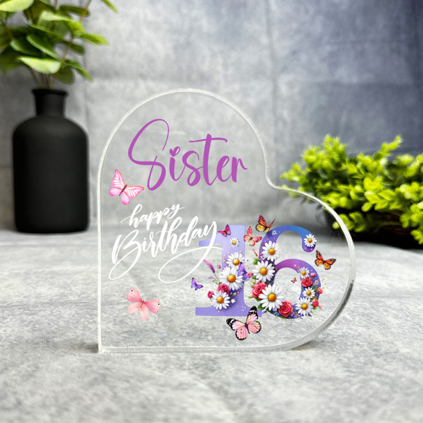 Sister 16th Purple Chamomile Floral Birthday Present Heart Plaque Keepsake Gift