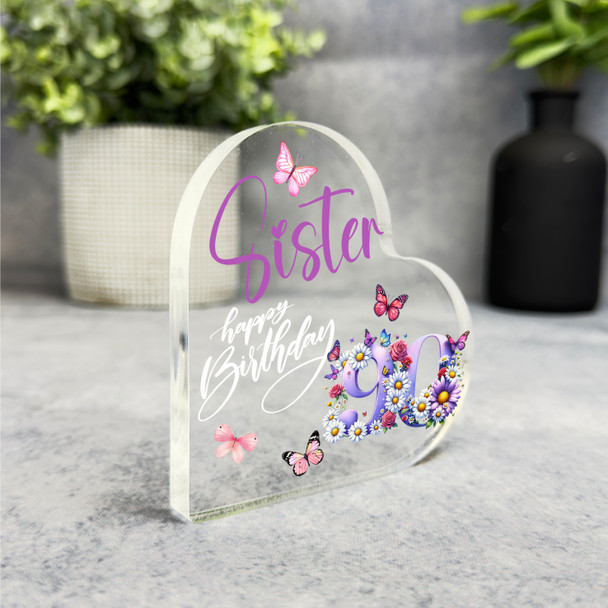 Sister 90th Birthday Present Purple Chamomile Floral Heart Plaque Keepsake Gift