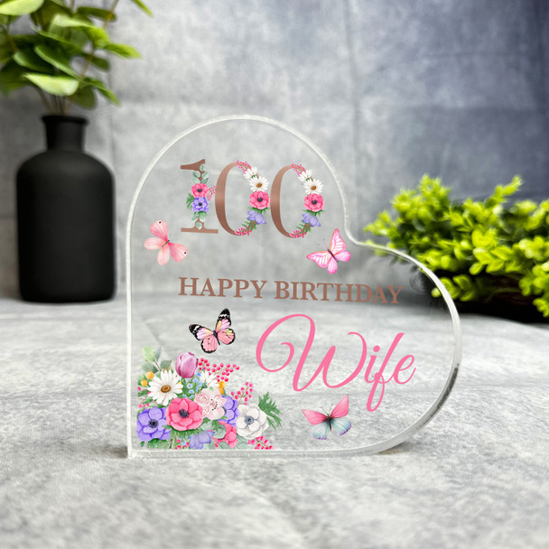 Wife 100th Pink Purple Floral Happy Birthday Present Heart Plaque Keepsake Gift